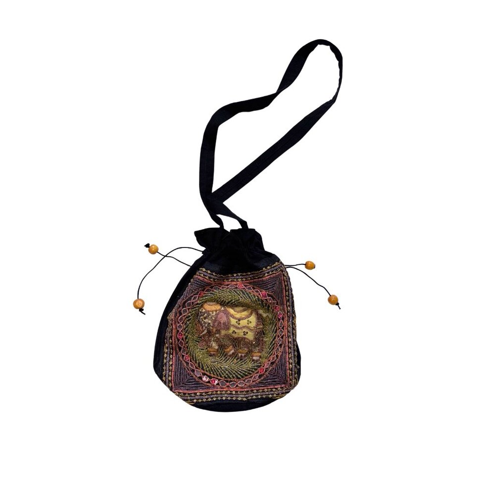 Boho Elephant Embroidered Black Crossbody Festival Bag